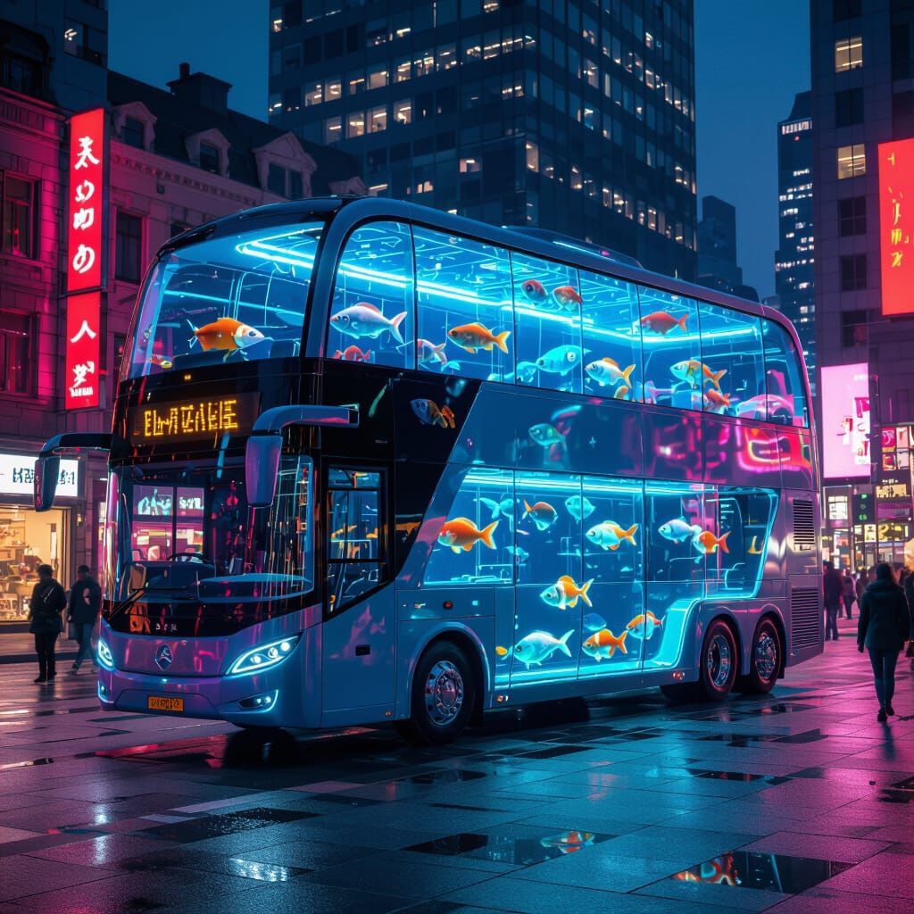 Futuristic Aquarium Bus in City Square