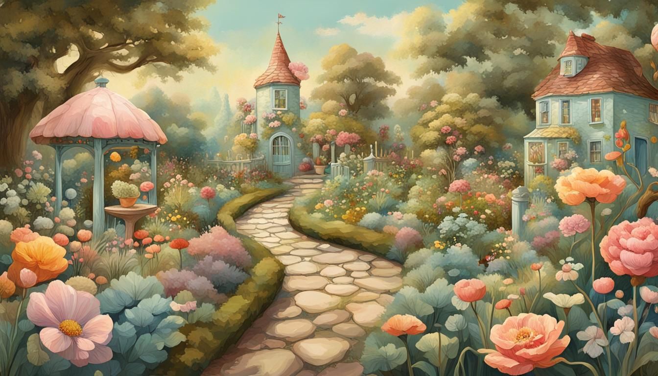 Whimsical Vintage Gardenscape in Digital Painting Style