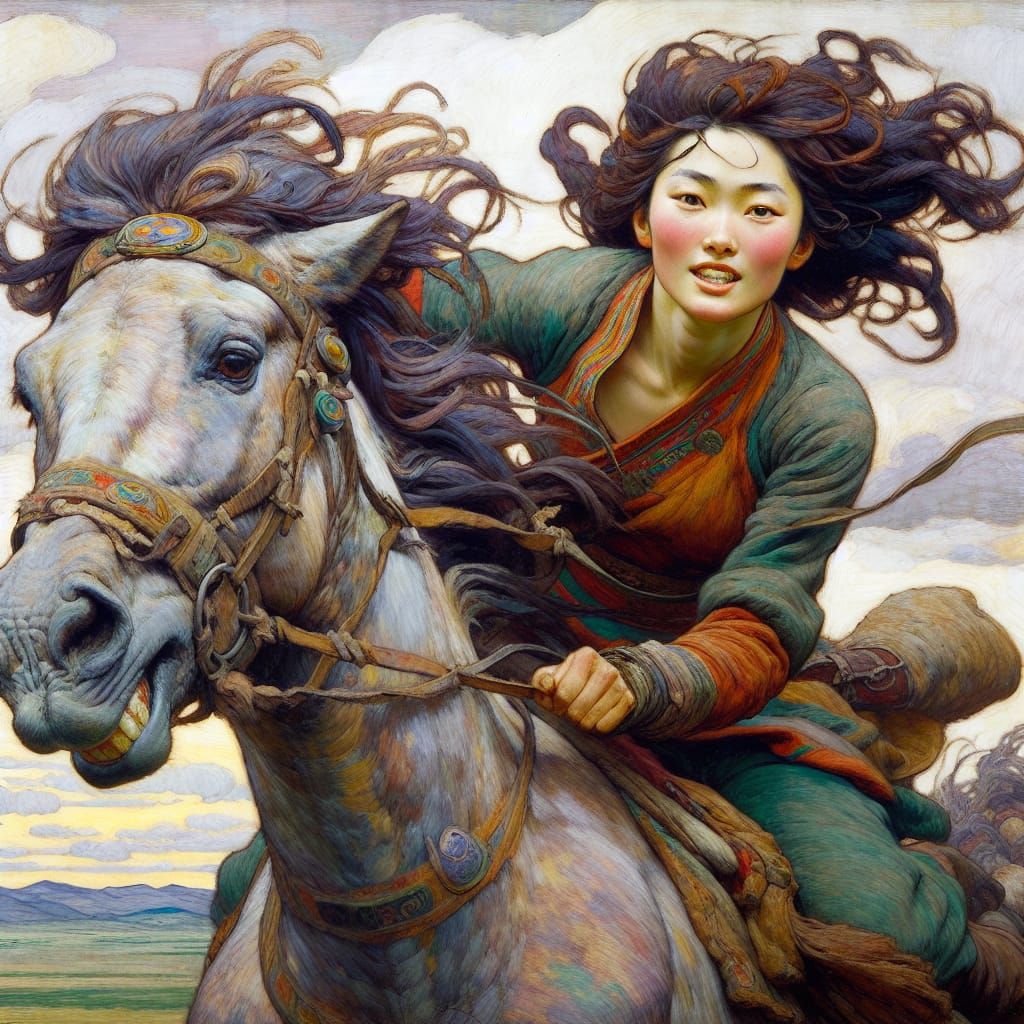 Mongolian Horse Rider in Art Nouveau Style