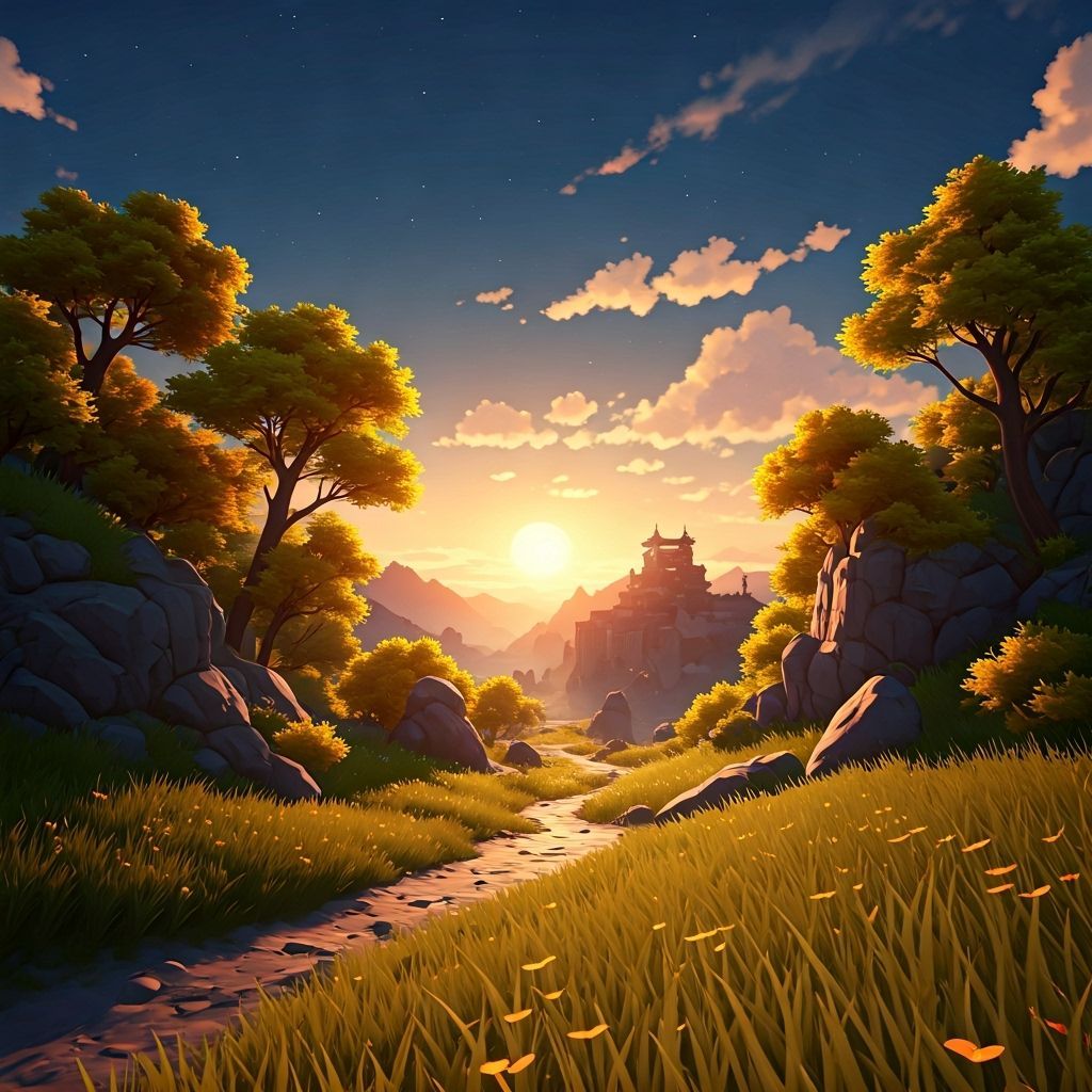 Golden Twilight Landscape in 3D Anime Style