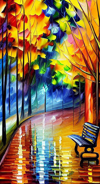 Autumn Night Park Scene in Vibrant Neo-Impressionist Style