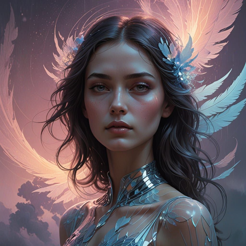 Ethereal Woman Radiates Gentle Glow Amidst Iridescent Mist