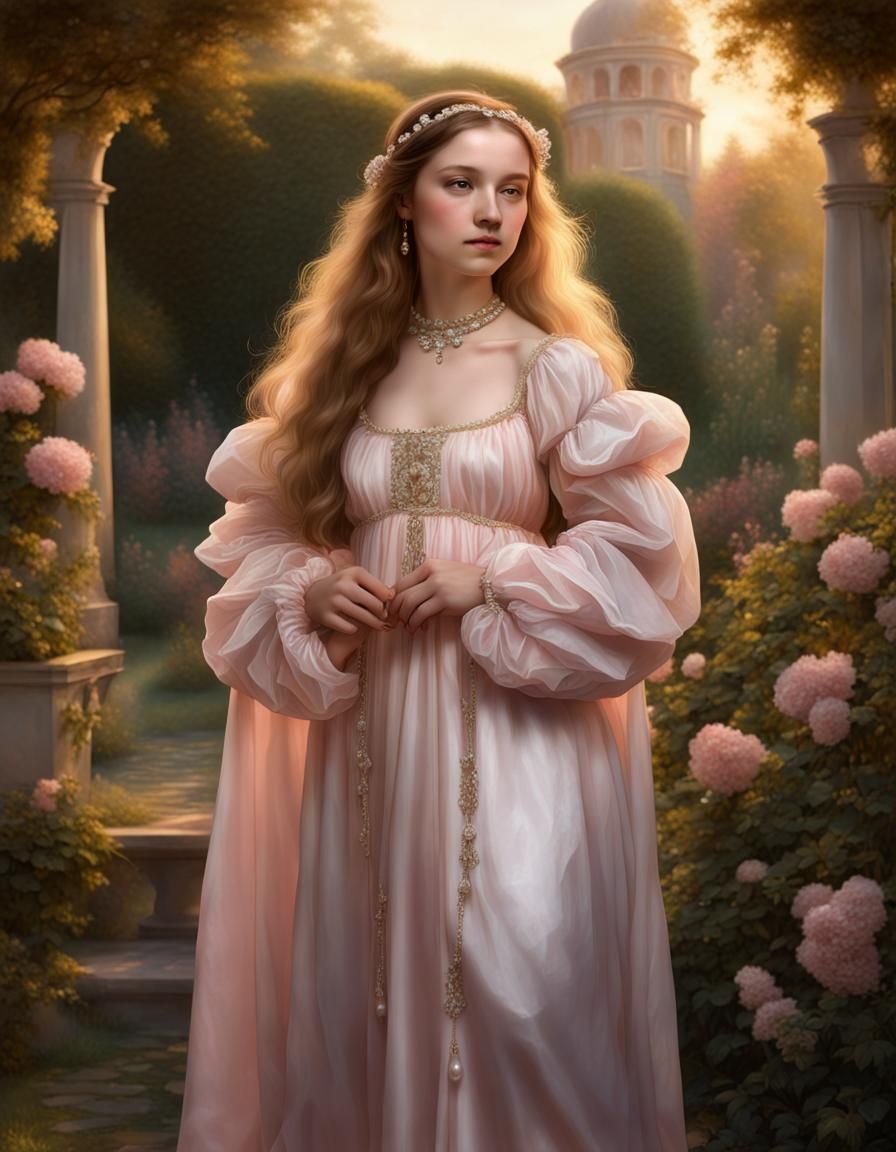 Renaissance Girl in Garden with Pearls and Diamonds