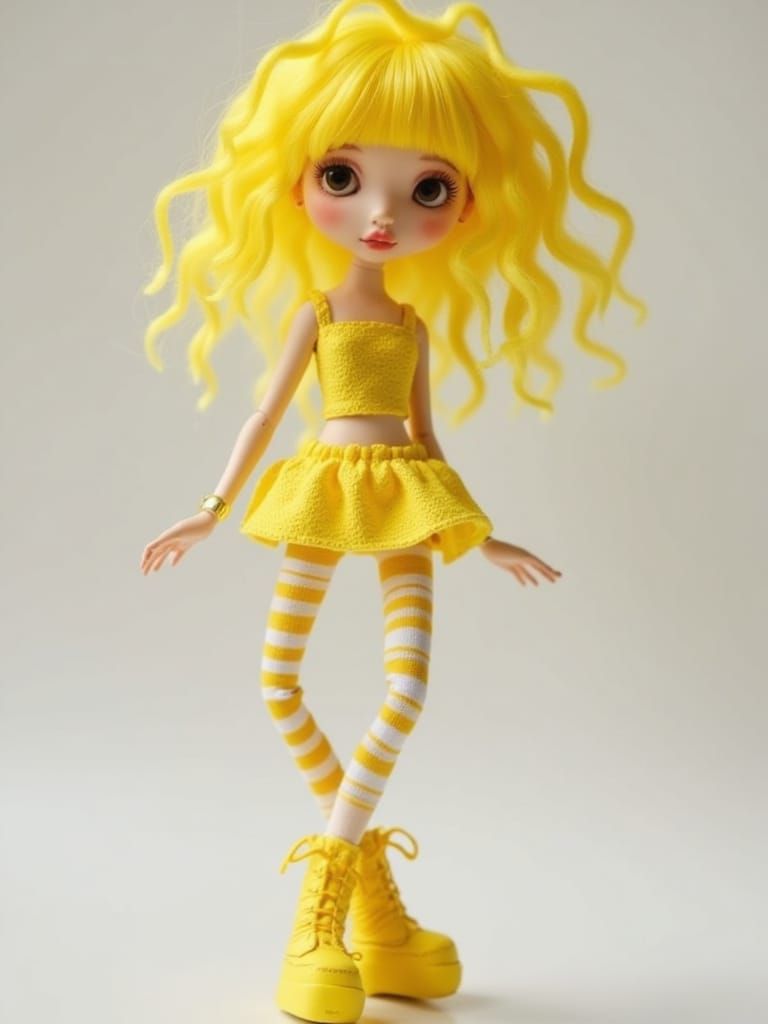 <lora:Ludicra:1.0>Stylish art doll with wild yellow hair and...