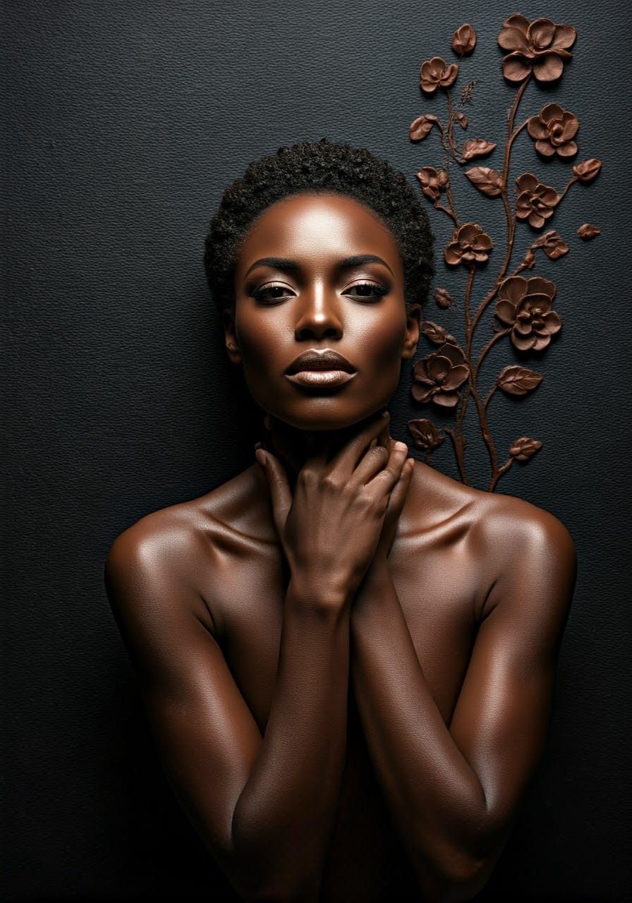 Elegant Black Woman with Abstract Flowers in Digital Art