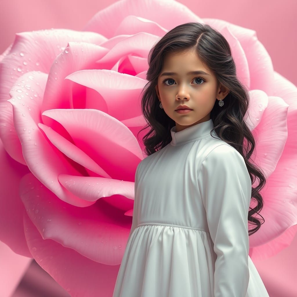 Girl in White Dress with Fuchsia Rose