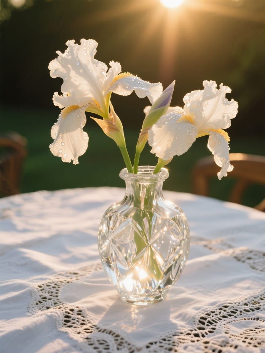 Chrystal vase with white irises,