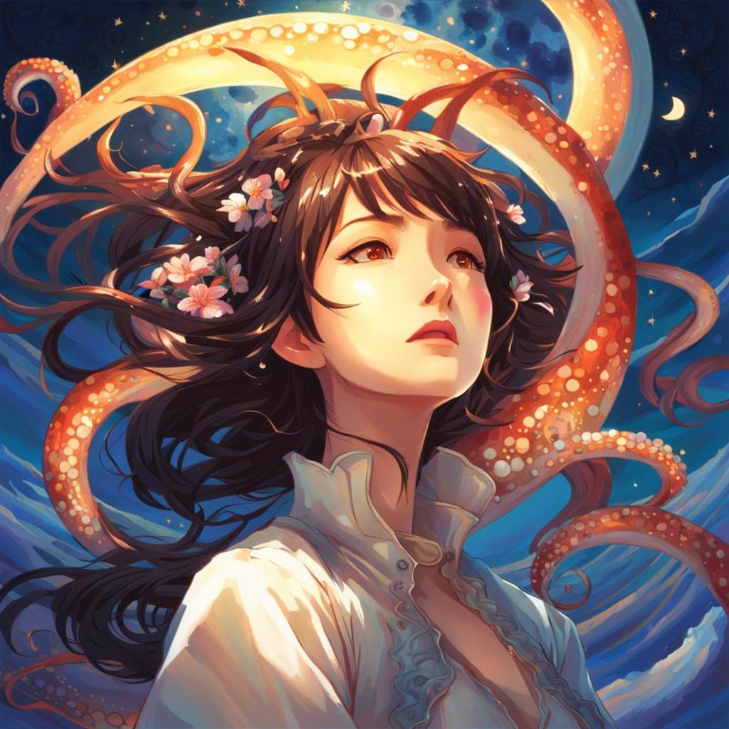 Anime Octopus Woman with Crescent Moon and Sun