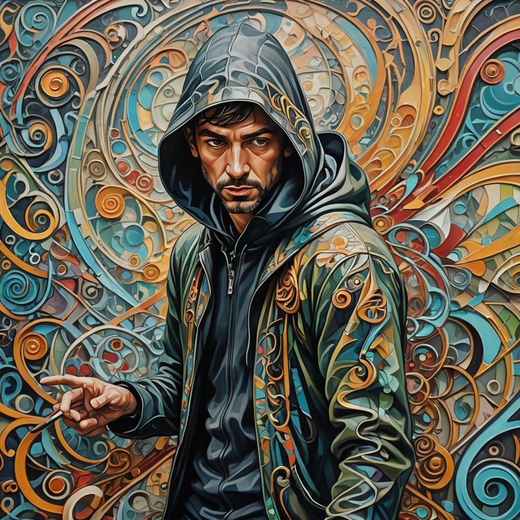 Hooded Graffiti Artist in Art Nouveau Oil Painting
