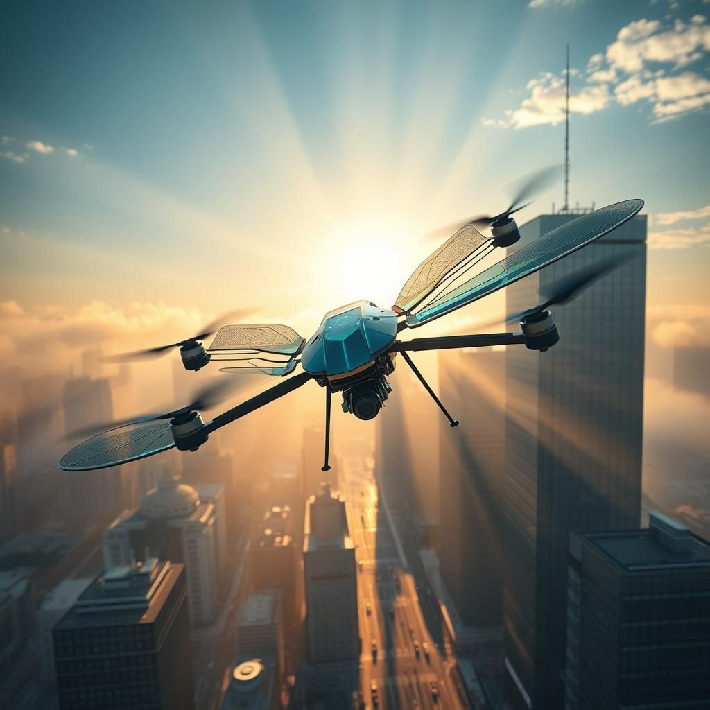 Metallic Dragonfly Drone Over City in Futuristic Style