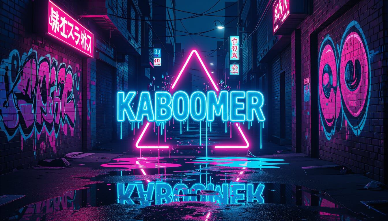 Neon "KABOOMER" in Urban Alleyway with Synthwave Aesthetics