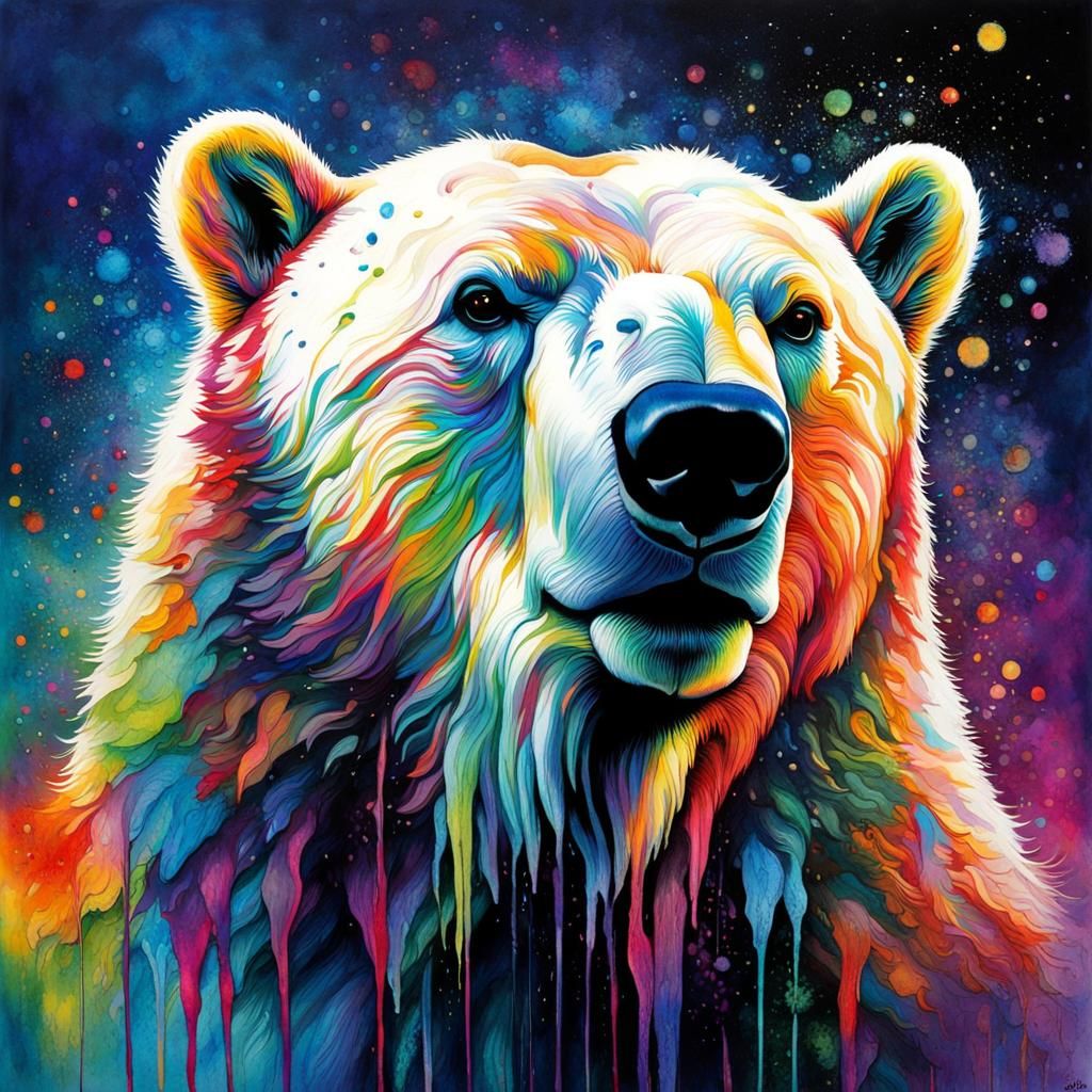 Detailed Watercolor Polar Bear with Ink Splatters