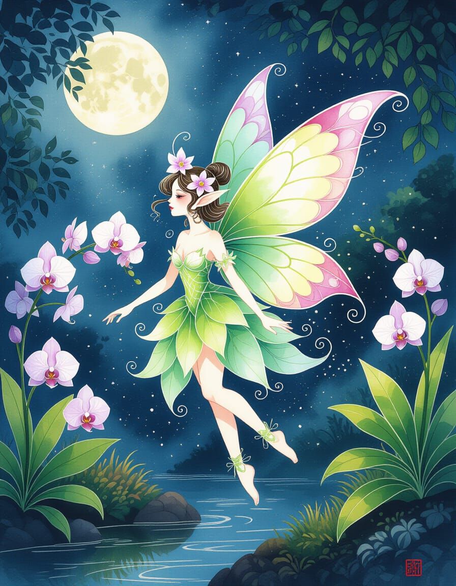 Orchid Fairy in Moonlit Garden, Chinese Ink Painting