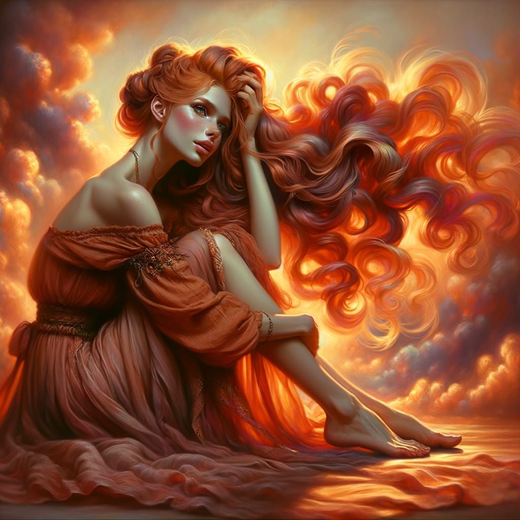 Ethereal Norse Goddess in Sunset, Romantic Oil Painting