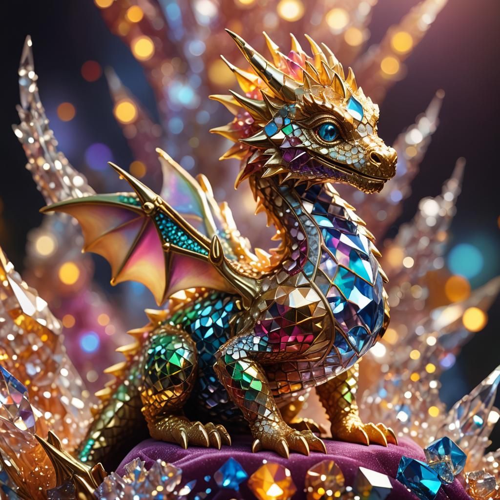 Diamond Baby Dragon Crystal Sculpture in Golden Hour