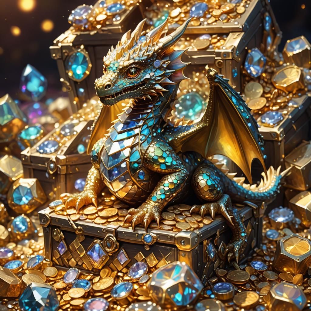 Diamond Dragon on Treasure Hoard: Fantasy Digital Art
