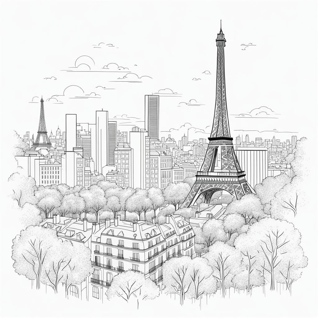 Eiffel Tower Line Art in Parisian Landscape