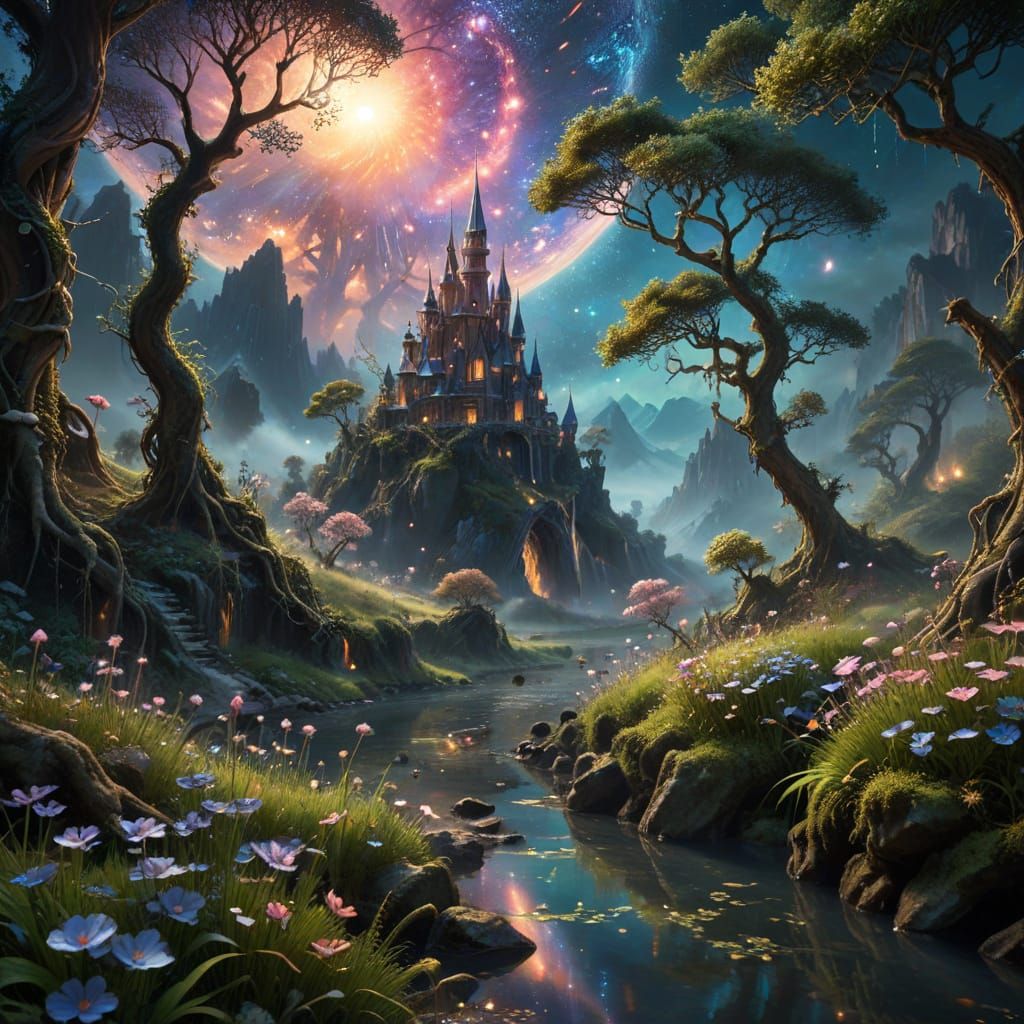 Hyperrealistic Dreamscape with Luminous Sky and Mountains