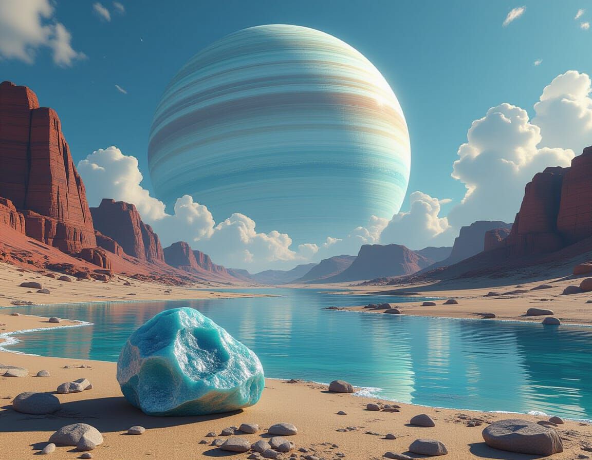 Larimar Mineral on Alien Riverbed with Gas Giant Sky
