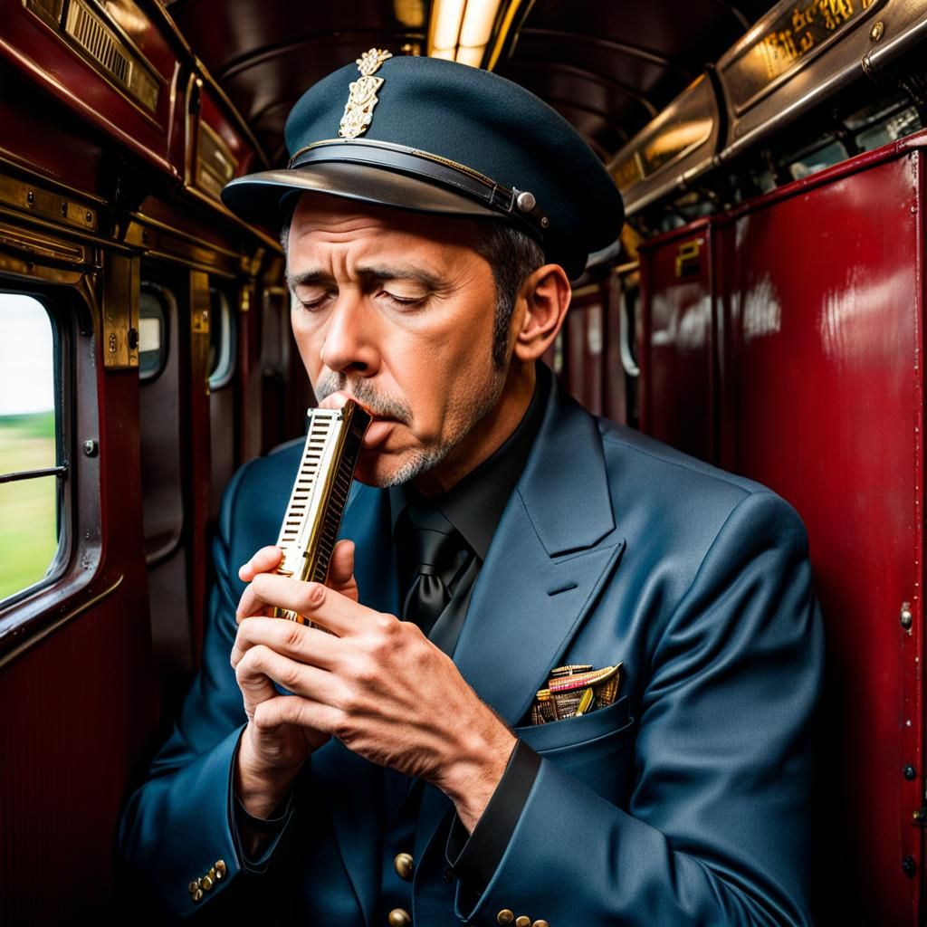 Harmonica Player in Railroad Car Digital Art