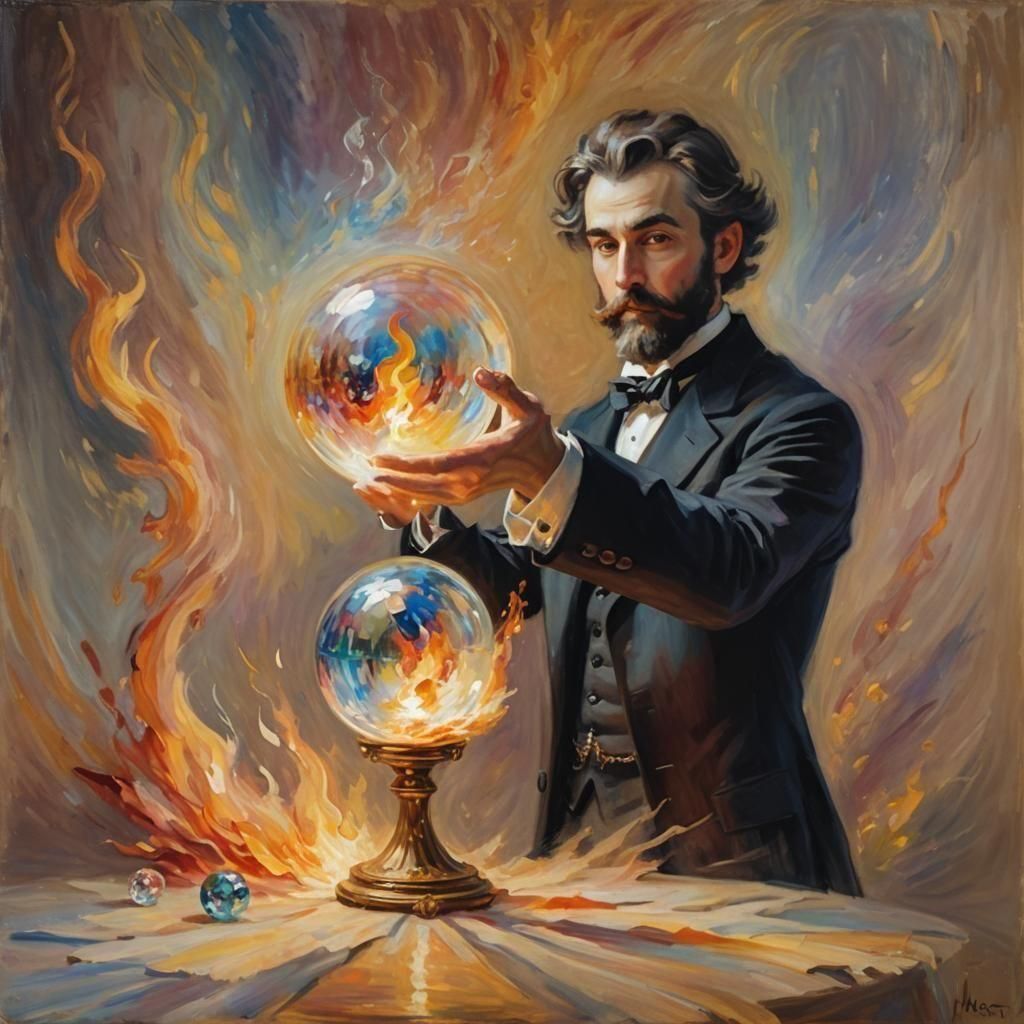 Magician Conjuring Fire in Crystal Ball, Impressionistic