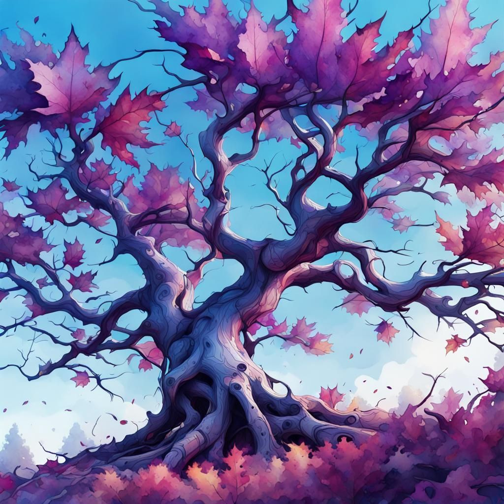 Stylized Watercolor of Autumn Leaves and Branches