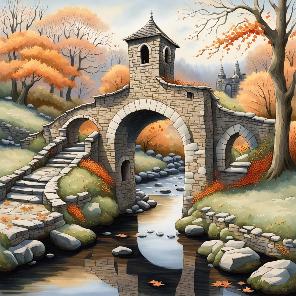 Whimsical Stone Bridge to Tower House in Watercolor