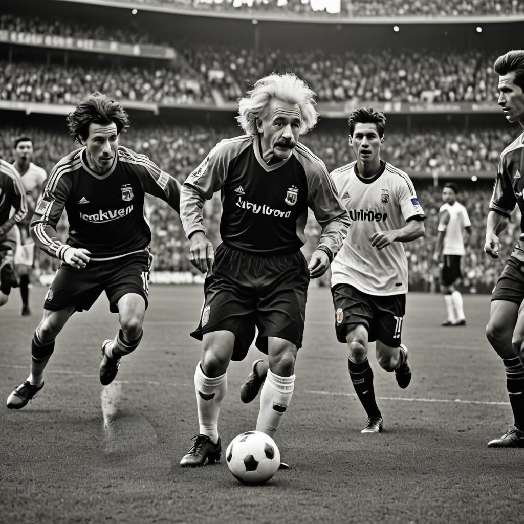 Albert Einstein Playing Football in the First Champions League Match. Historical Photo