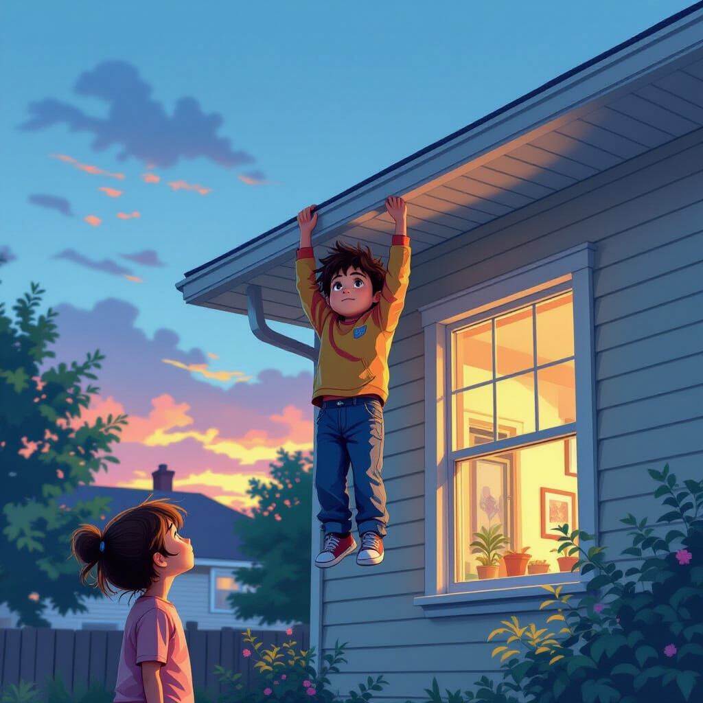 Kid in Vibrant Attire Hangs from Roof