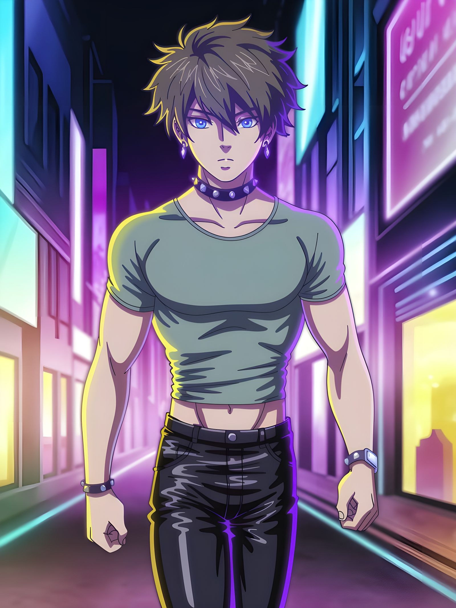 Anime-Style Teenage Boy Strides Through Neon City Streets at...