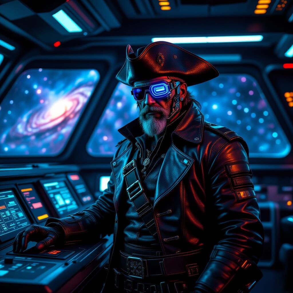 22nd Century Space Pirate Captain on Futuristic Ship Bridge