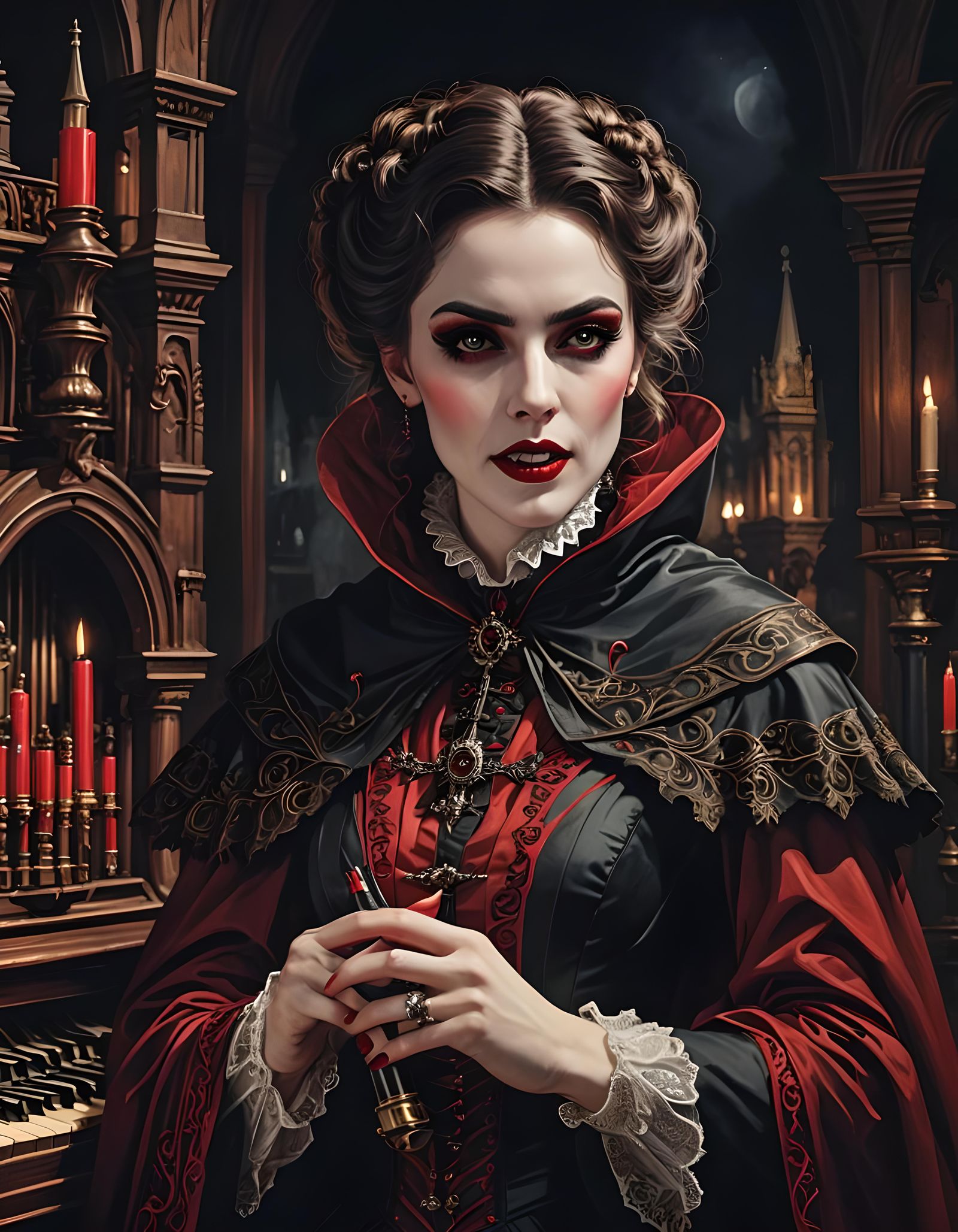 Victorian Vampire Woman Playing Organ at Night