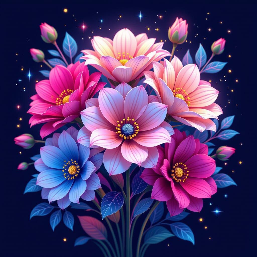 Radiant Cosmic Flowers in Neon Futurism Style