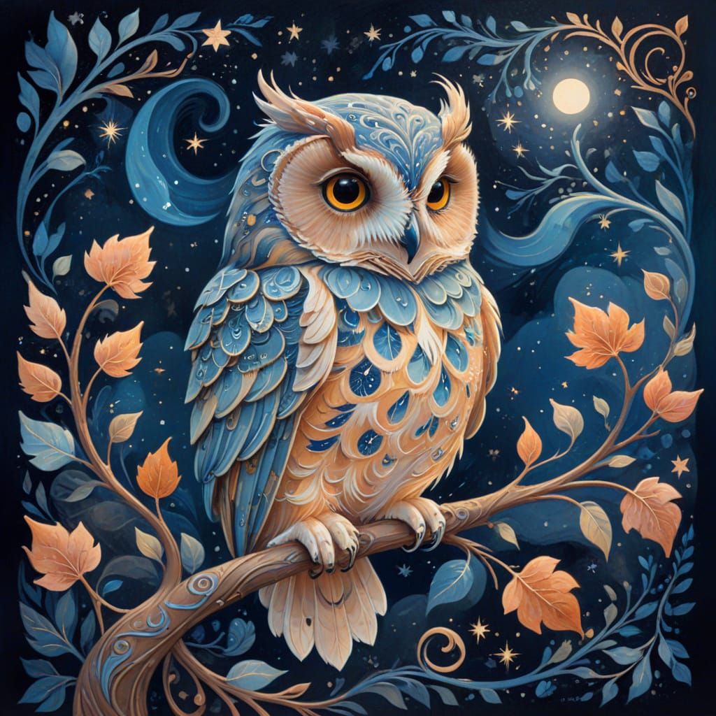 Art Nouveau Owl Among Botanical Swirls in Gouache