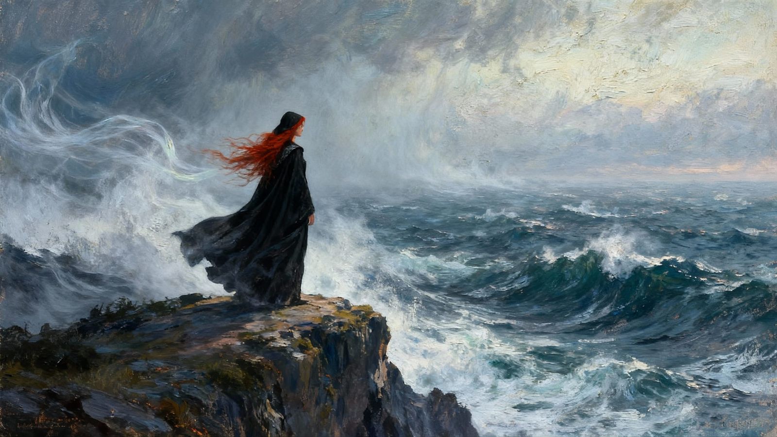 Solitary Figure on Windswept Cliff Overlooking Stormy Sea