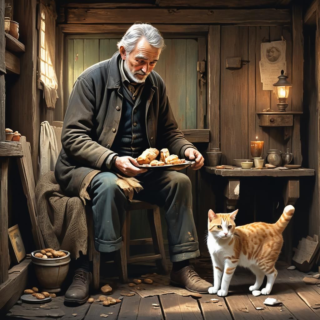 Elderly male, tenderly softly talking to a feline companion