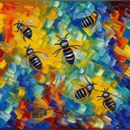 Bees in Hive: Expressionist Impasto Oil Painting