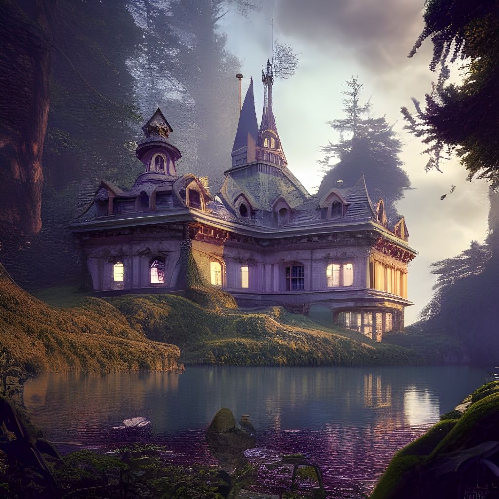 Enchanted Victorian Castle on Shore: Digital Painting