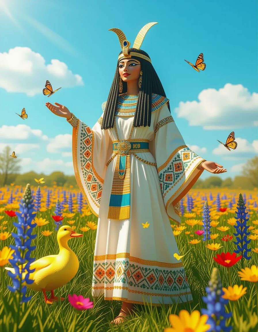 Egyptian Goddess Isis in Flower Meadow, 3D Render
