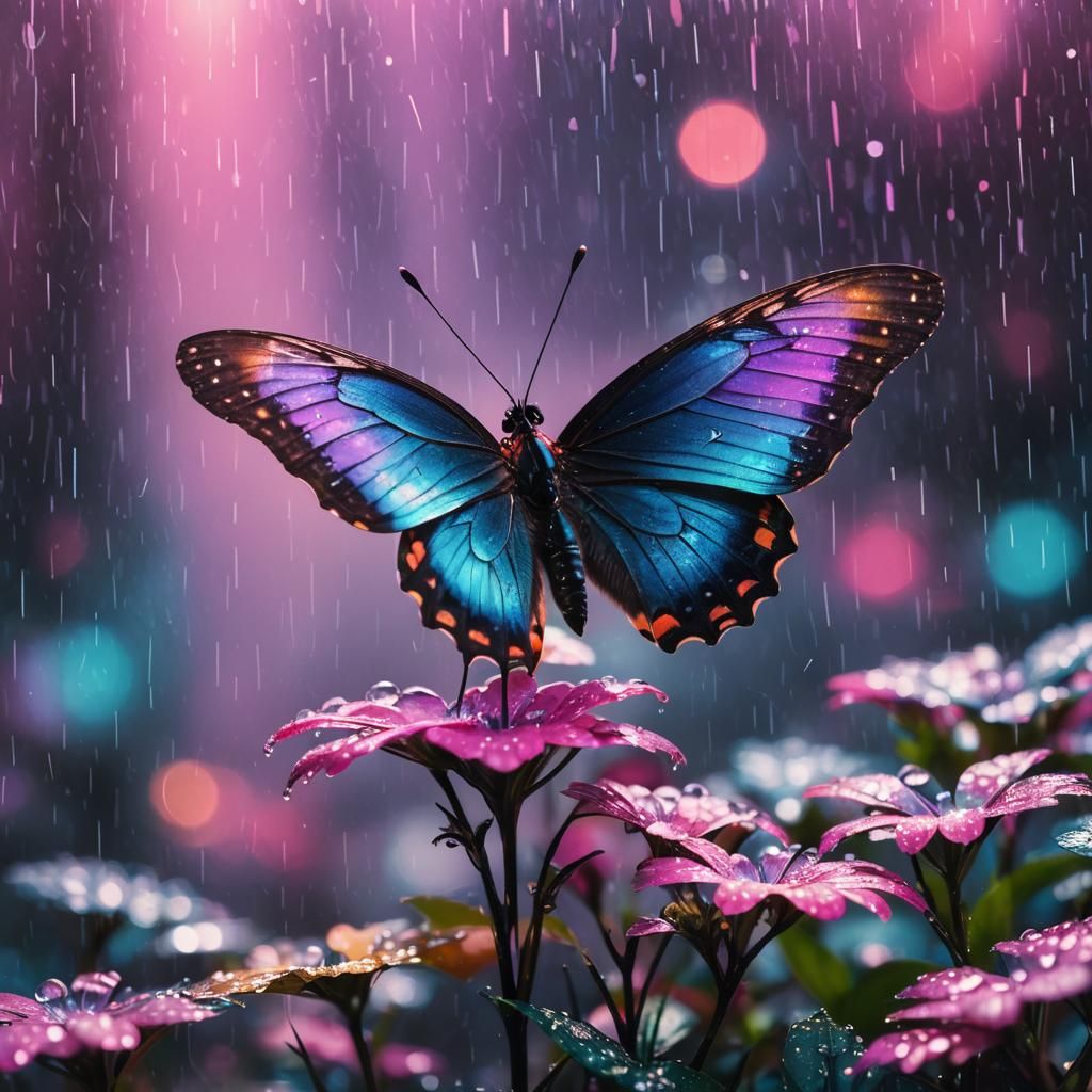 Synthwave Butterfly with Neon Raindrops in Macro