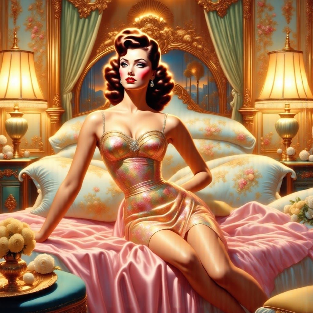 Vintage Brunette in Silk Sleepwear: Pin-Up Art