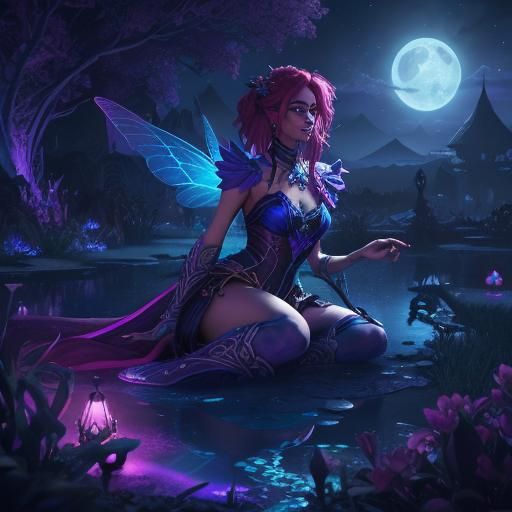 Magenta Fairy Moonbathing: Detailed Fantasy Art