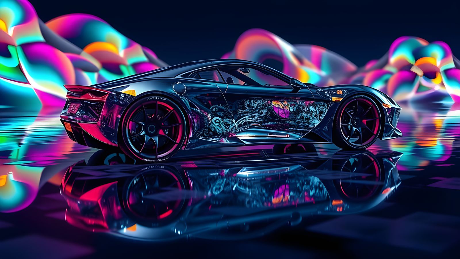 Transparent Glass Supercar on Mirrored Landscape