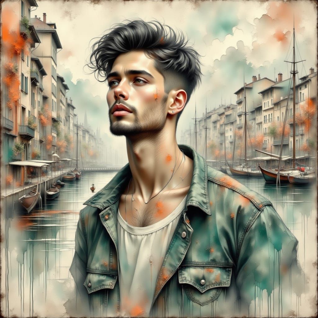 Cityscape with Harbor and Man in Muted Ink Style