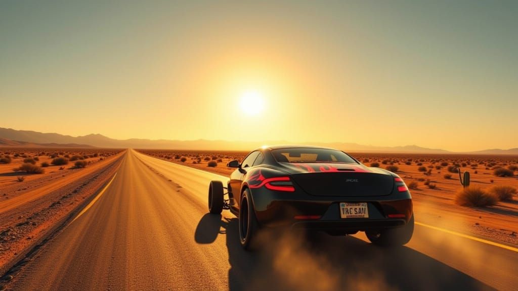Black Hot Rod with Red Flames on Desert Road