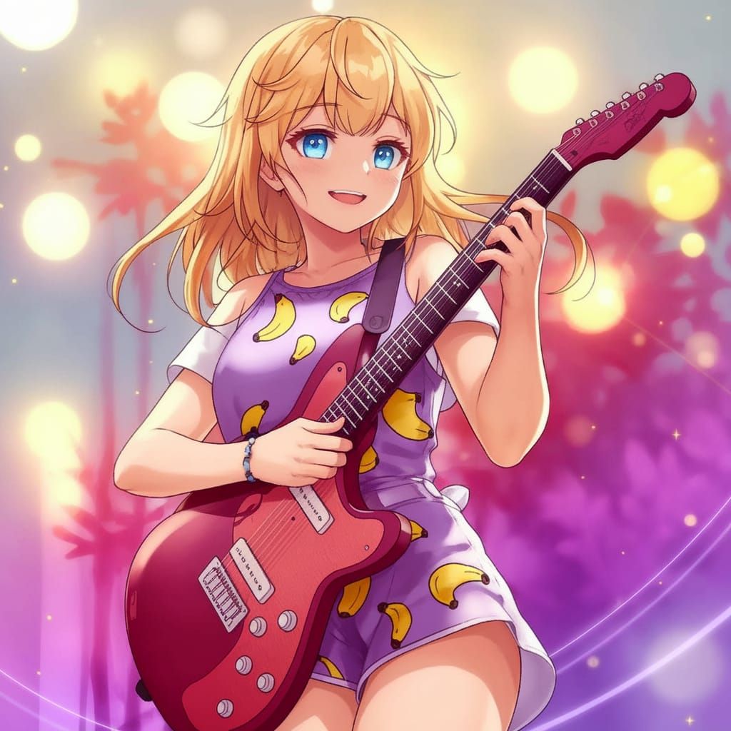Anime Blonde Woman Plays Guitar in Vibrant Setting