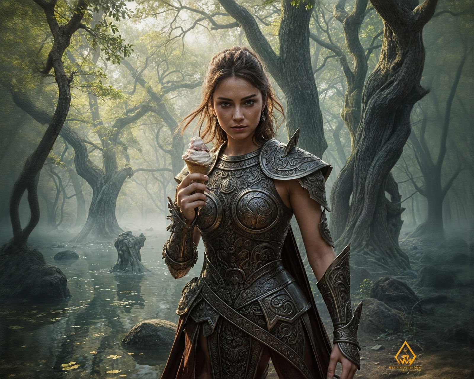 Warrior Princess Eats Ice Cream in Misty Forest