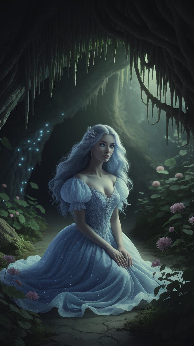 Ethereal Princess in Bioluminescent Cave with Fantastical Su...