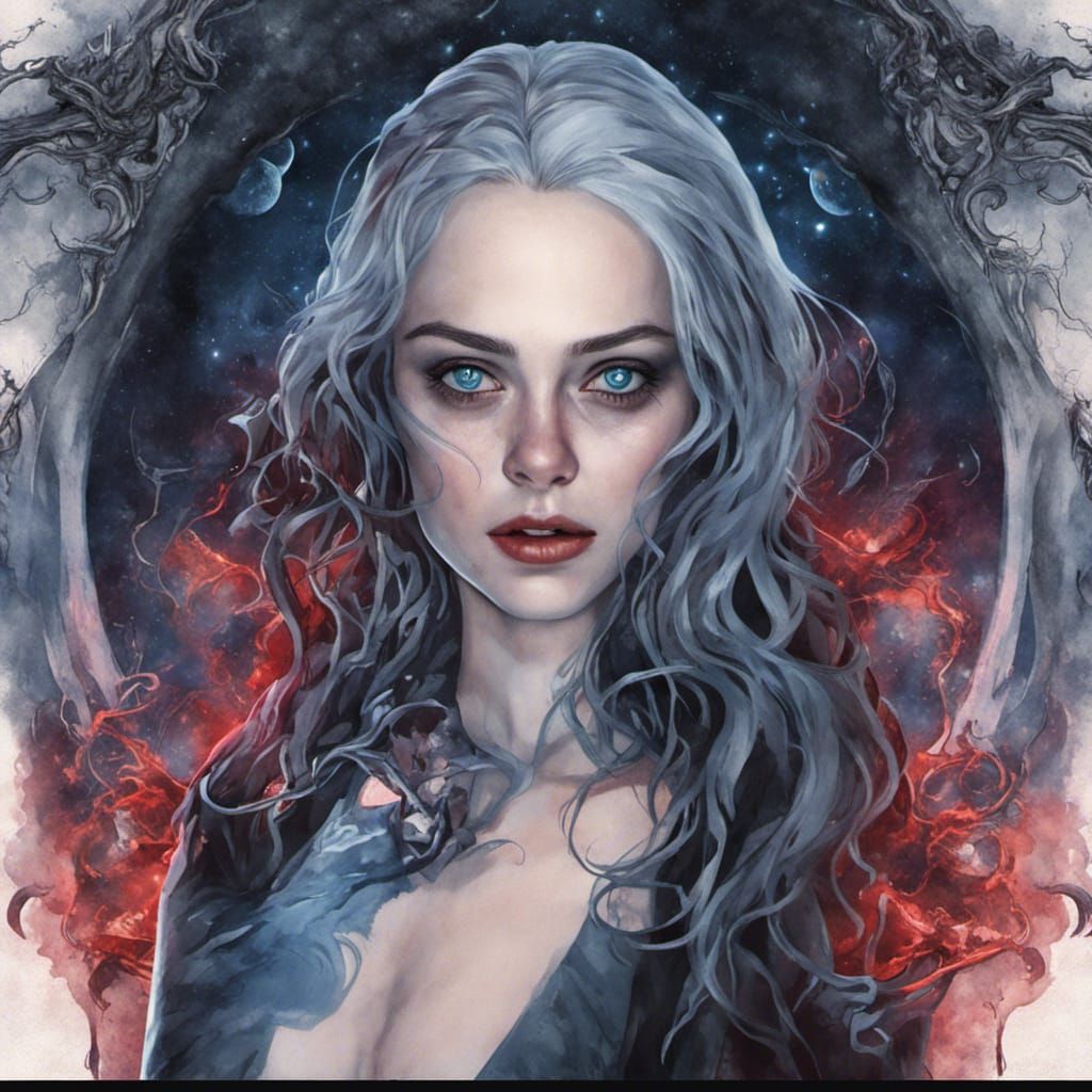 Gothic Watercolor: Woman Under Crystal Moon in Tim Burton St...