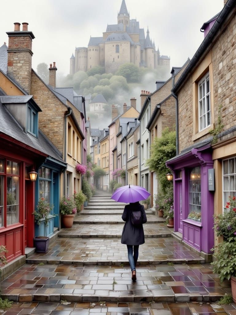 Misty Mont-St-Michel Alley in Watercolor Style
